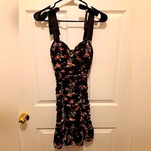 Ruched Floral Black Dress